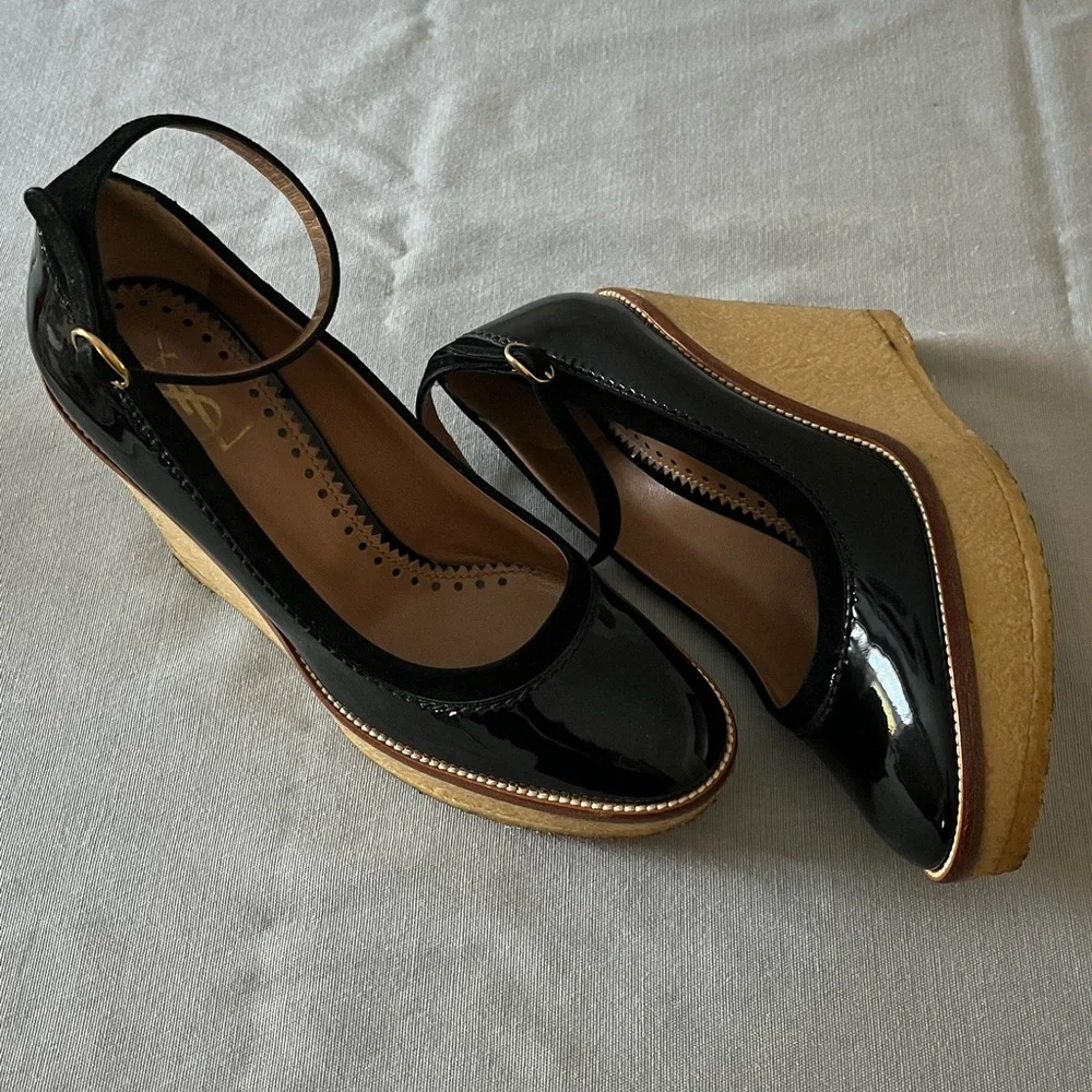 Women’s YVES SAINT LAURENT WEDGE  BLACK PATENT Mules - Picture 12 of 15